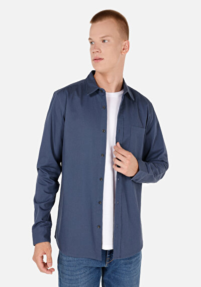 Image de Chemise À Manches Longues Bleu Slim Fit Droit Ratière Homme