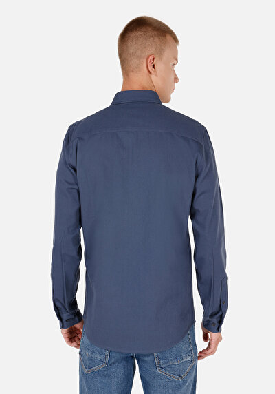 Image de Chemise À Manches Longues Bleu Slim Fit Droit Ratière Homme