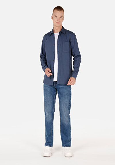 Image de Chemise À Manches Longues Bleu Slim Fit Droit Ratière Homme