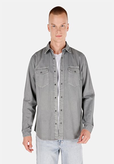 Image de Chemise À Manches Longues Gris Regular Fit Droit Sergé Homme