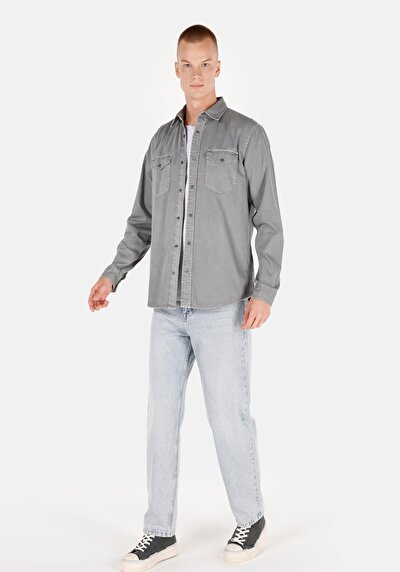 Image de Chemise À Manches Longues Gris Regular Fit Droit Sergé Homme