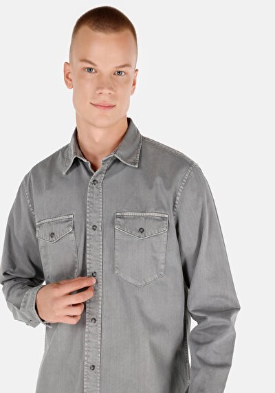 Image de Chemise À Manches Longues Gris Regular Fit Droit Sergé Homme