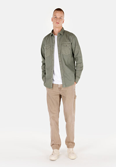 Afficher les détails de Chemise À Manches Longues Kaki Regular Fit Droit Sergé Homme