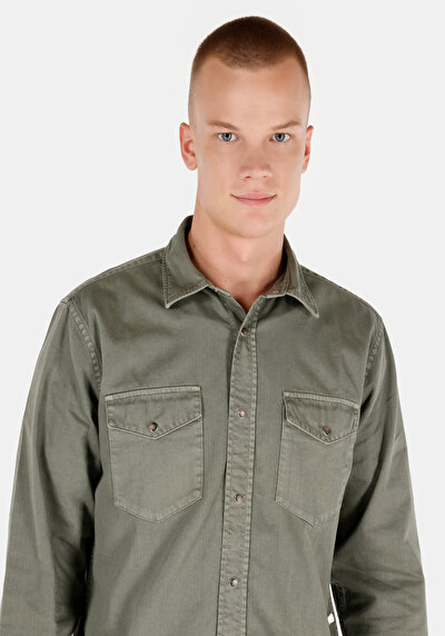 Image de Chemise À Manches Longues Kaki Regular Fit Droit Sergé Homme