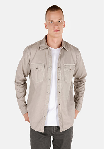 Image de Chemise À Manches Longues Blanc Regular Fit Droit Sergé Homme