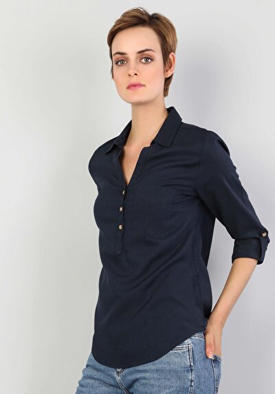 Image de Chemisier À Manches Longues Marine Slim Fit Femme