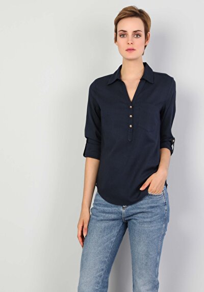 Image de Chemisier À Manches Longues Marine Slim Fit Femme