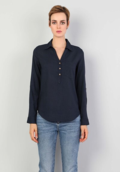 Image de Chemisier À Manches Longues Marine Slim Fit Femme