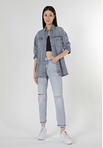 Image de 893 Julia Pantalon Bleu Tapered Leg  En  Boyfriend Fit Femme