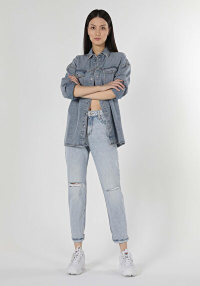 Image de 893 Julia Pantalon Bleu Tapered Leg  En  Boyfriend Fit Femme