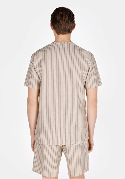 Afficher les détails de T-shirt À Manches Courtes Beige Comfort Fit Rayé Homme