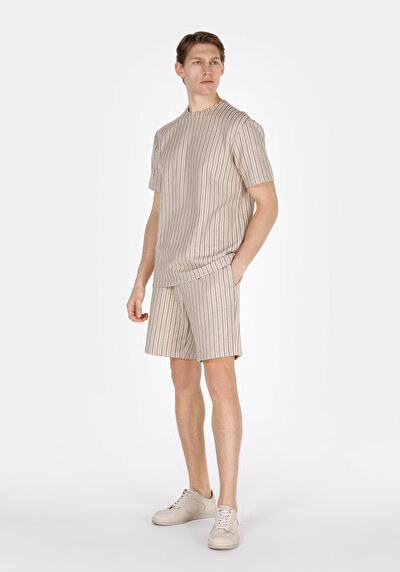 Afficher les détails de T-shirt À Manches Courtes Beige Comfort Fit Rayé Homme