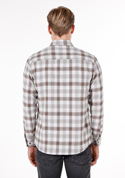 Image de Chemise À Manches Longues Marron Regular Fit Plaid Gabardine Homme