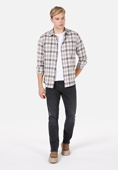 Image de Chemise À Manches Longues Marron Regular Fit Plaid Gabardine Homme