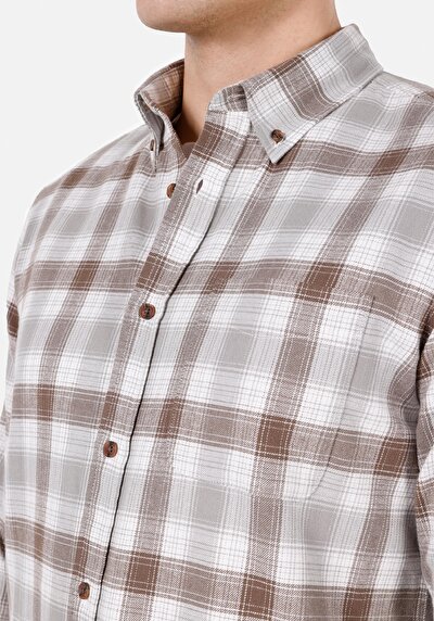 Image de Chemise À Manches Longues Marron Regular Fit Plaid Gabardine Homme