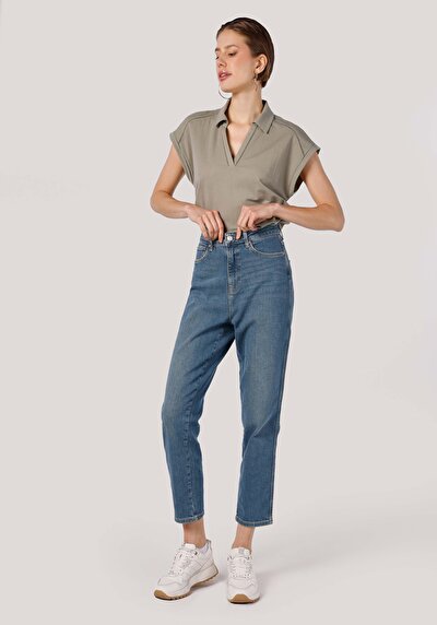 Image de 896 Maria Pantalon Bleu En Mom Fit Femme