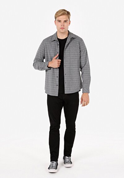 Image de Chemise À Manches Longues Gris Regular Fit Rayé Flanelle Homme