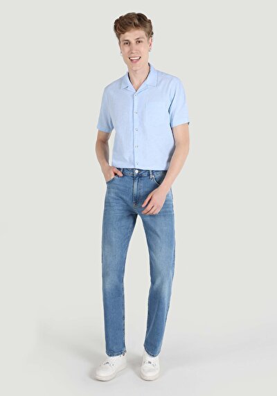Image de 045 David Pantalon Bleu Straight Leg Medium Rise En Regular Fit Homme