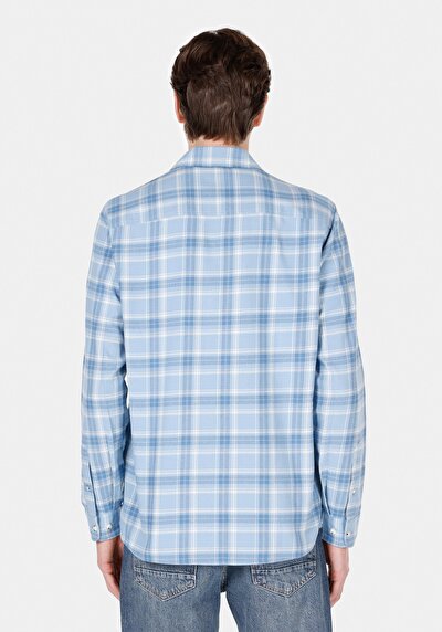 Image de Chemise À Manches Longues Bleu Regular Fit Plaid Popeline Homme