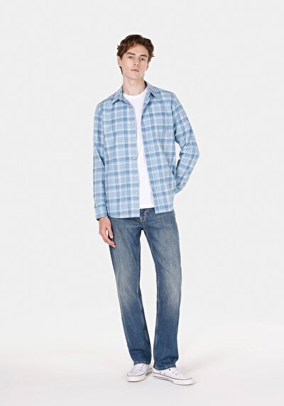 Image de Chemise À Manches Longues Bleu Regular Fit Plaid Popeline Homme