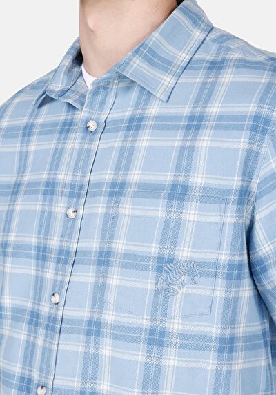 Image de Chemise À Manches Longues Bleu Regular Fit Plaid Popeline Homme