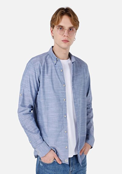 Image de Chemise À Manches Longues Bleu Regular Fit Droit Popeline Homme
