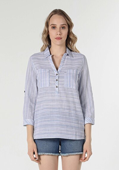 Image de Chemisier À Manches Longues Bleu Regular Fit Femme
