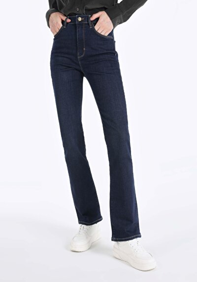 Afficher les détails de 797 Adel Pantalon Bleu Flare High Rise En  Slim Fit Femme