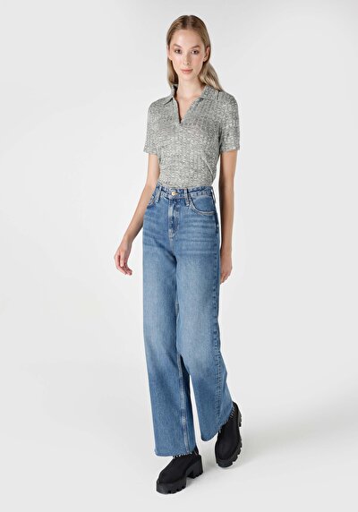 Image de 970 Berry Pantalon Bleu Wide Leg High Rise En Jean Regular Fit Femme