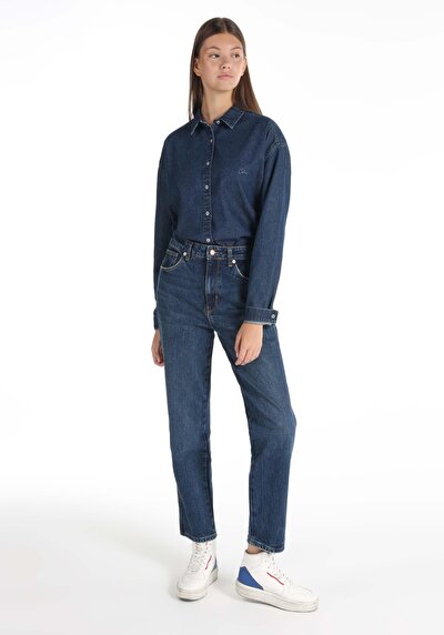 Image de 884 Lauren Pantalon Bleu Straight Leg High Rise En Straight Fit Femme