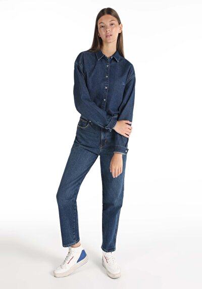 Image de 884 Lauren Pantalon Bleu Straight Leg High Rise En  Straight Fit Femme