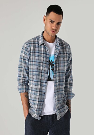 Image de Chemise À Manches Longues Bleu Slim Fit Plaid Flanelle Homme