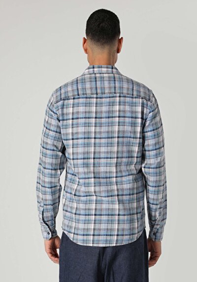 Image de Chemise À Manches Longues Bleu Slim Fit Plaid Flanelle Homme