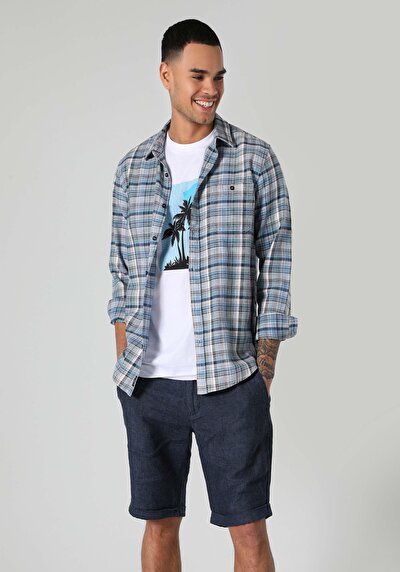 Image de Chemise À Manches Longues Bleu Slim Fit Plaid Flanelle Homme