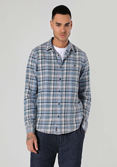 Image de Chemise À Manches Longues Bleu Slim Fit Plaid Flanelle Homme