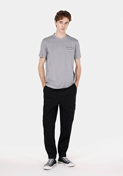 Image de Pantalon Noir Lastikli Medium Rise En Gabardine Slim Fit Homme