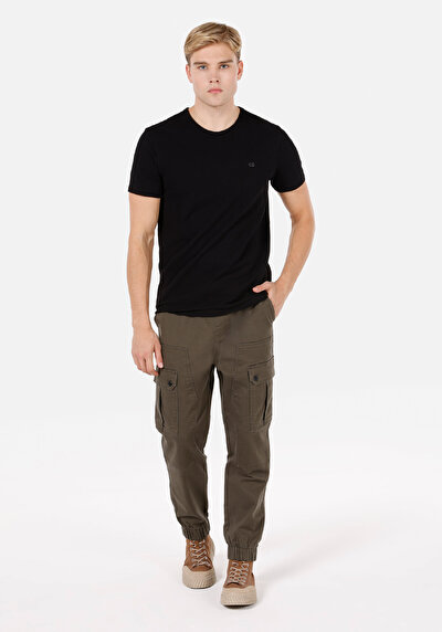 Image de Pantalon Vert Lastikli Medium Rise En Gabardine Slim Fit Homme
