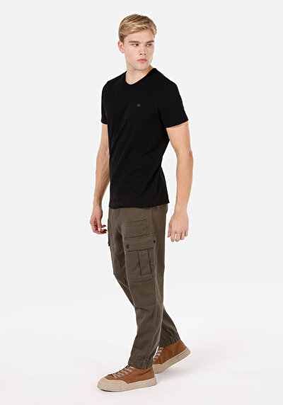 Image de Pantalon Vert Lastikli Medium Rise En Gabardine Slim Fit Homme