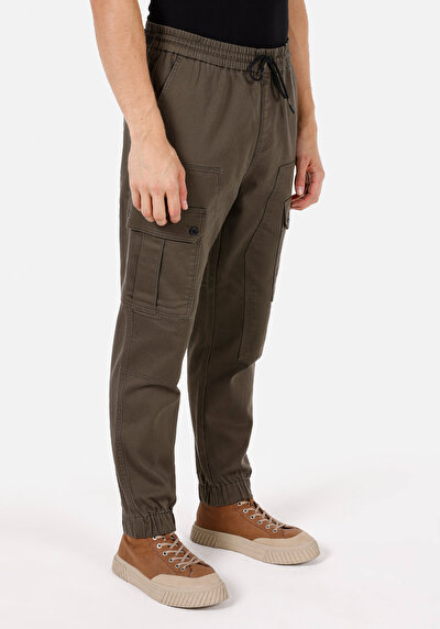 Image de Pantalon Vert Lastikli Medium Rise En Gabardine Slim Fit Homme