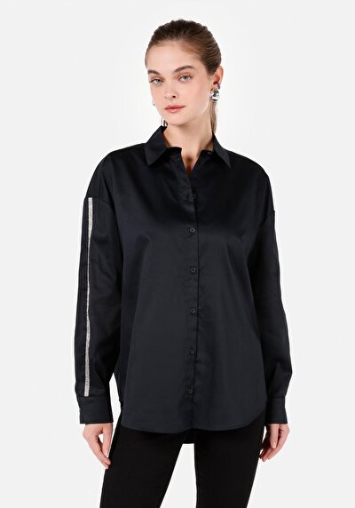 Afficher les détails de Chemise À Manches Longues Noir Regular Fit Droit Satin Femme