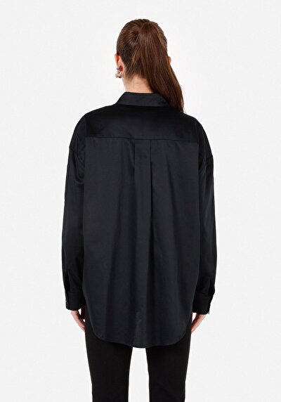 Image de Chemise À Manches Longues Noir Regular Fit Droit Satin Femme