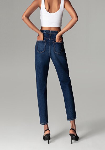 Image de 896 Maria Pantalon Bleu Tapered Leg En Mom Fit Femme