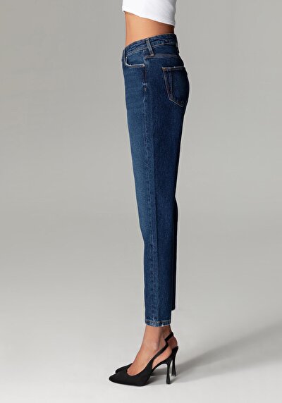Image de 896  Maria Pantalon Bleu Tapered Leg  En  Mom Fit Femme