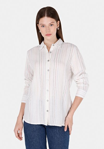 Image de Chemise À Manches Longues Blanc Regular Fit Rayé Mousseline Femme