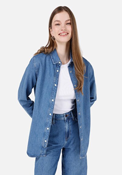 Image de Chemise À Manches Longues Bleu Slim Fit Droit Jean Femme