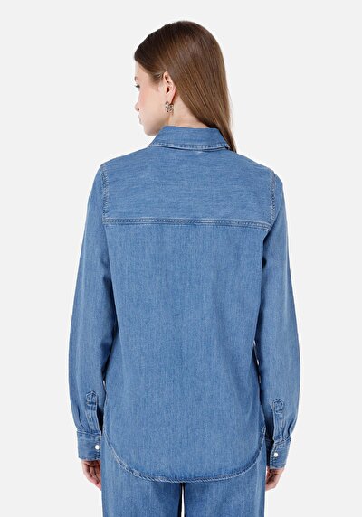 Image de Chemise À Manches Longues Bleu Slim Fit Droit Jean Femme