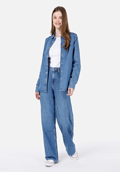 Image de Chemise À Manches Longues Bleu Slim Fit Droit Jean Femme