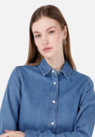 Image de Chemise À Manches Longues Bleu Slim Fit Droit Jean Femme