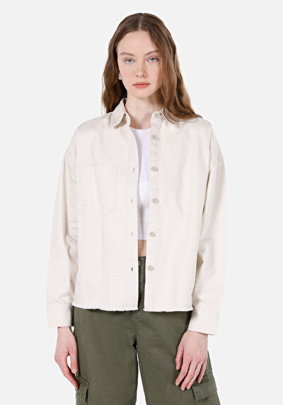 Image de Chemise À Manches Longues Ecru Regular Fit Droit Gabardine Femme