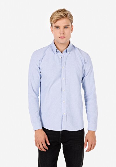 Image de Chemise À Manches Longues Bleu Slim Fit Droit Sergé Homme
